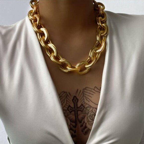 Chunky Choker Necklace Gold Cuban Link Chain Double O Link Necklaces Punk Hip-ho - Picture 3 of 7